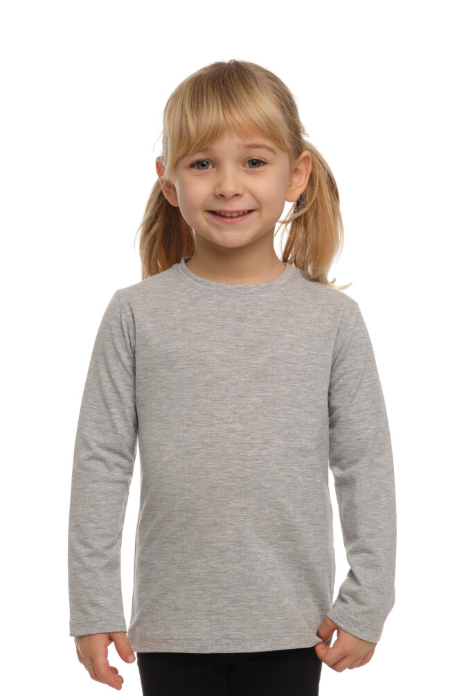 Açık Gri Basic Unisex Çocuk Mevsimlik Sıfır Yaka Uzun Kollu Tişört - 1