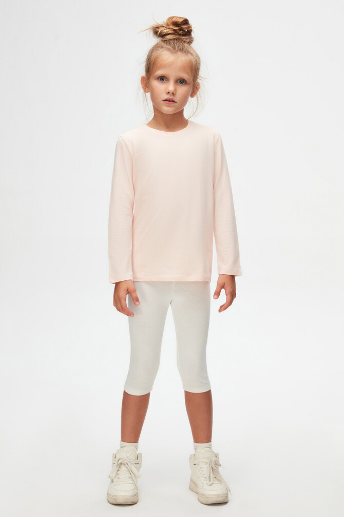 Açık Pudra Basic Unisex Çocuk Mevsimlik Sıfır Yaka Uzun Kollu Tişört - 1