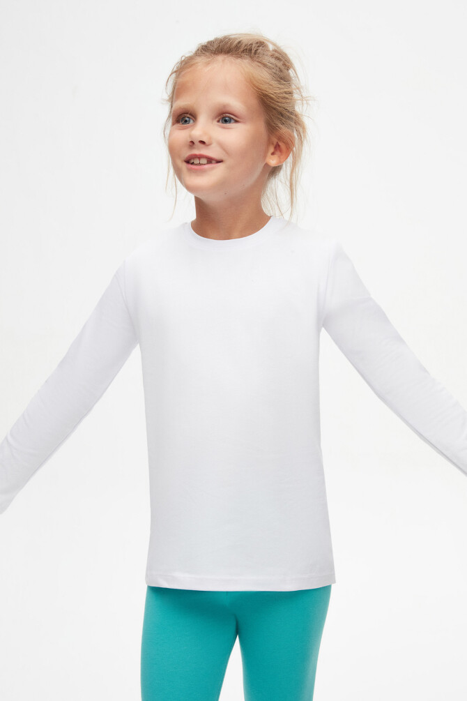 Beyaz Basic Unisex Çocuk Mevsimlik Sıfır Yaka Uzun Kollu Tişört - 2