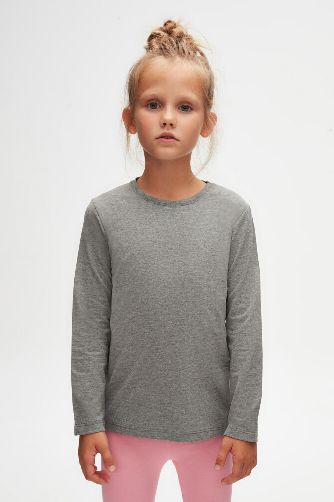 Buz Gri Basic Unisex Çocuk Mevsimlik Sıfır Yaka Uzun Kollu Tişört - 2