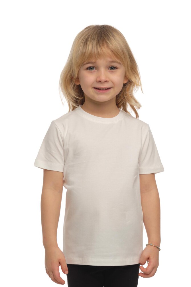 Ekru Basic Unisex Çocuk Sıfır Yaka Kısa Kollu Tişört - 1