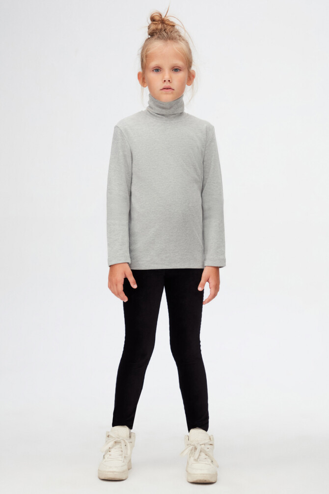 Gri Basic Unisex Çocuk Tam Balıkçı Yaka Uzun Kollu Tişört - 1