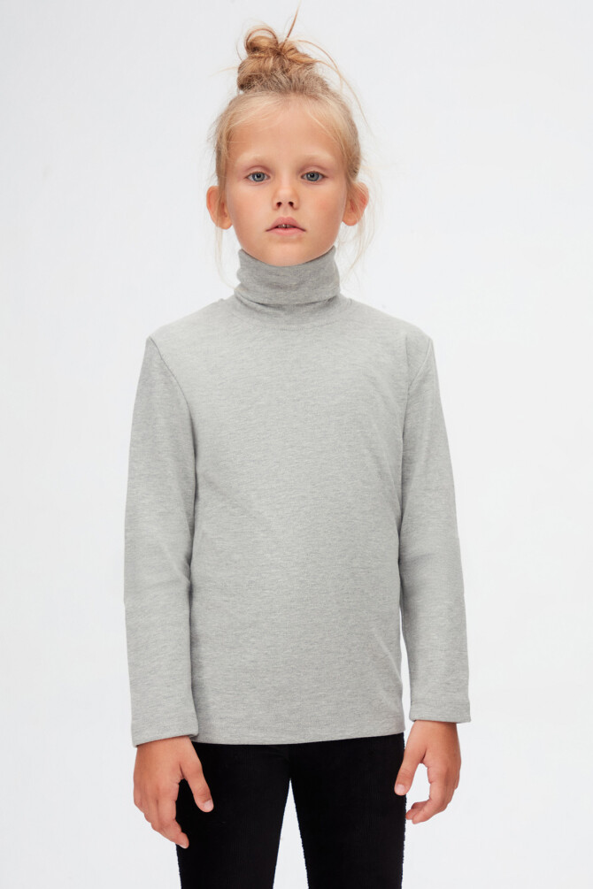 Gri Basic Unisex Çocuk Tam Balıkçı Yaka Uzun Kollu Tişört - 2