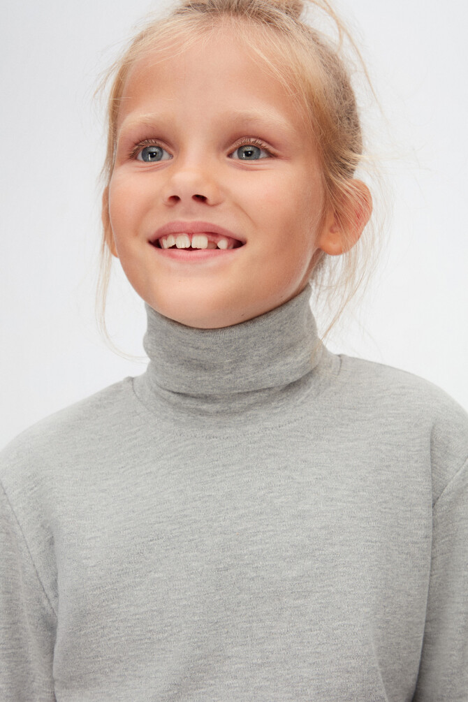 Gri Basic Unisex Çocuk Tam Balıkçı Yaka Uzun Kollu Tişört - 3