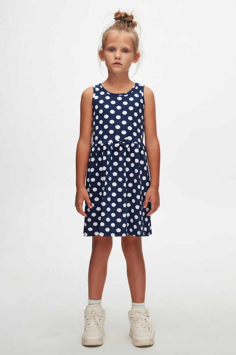 Açık Lacivert Polka-Dot Kız Çocuk Desenli Kolsuz Elbise - 1