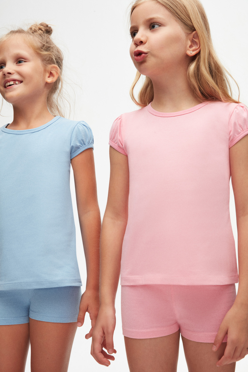 Pembe Basic Kız Çocuk Sıfır Yaka Karpuz Kol Tişört - 5