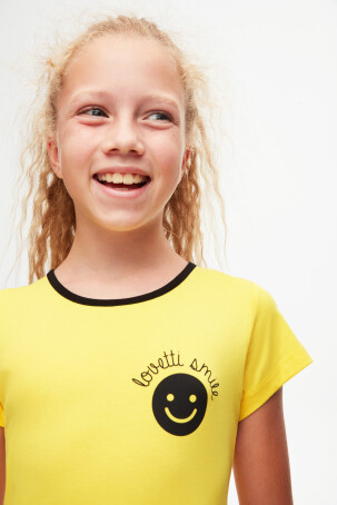 Sarı Gülen Yüz Kız Çocuk Desenli Lovetti Smile Baskılı Kısa Kol Elbise - 4