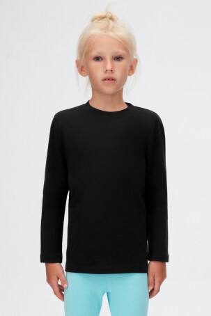 Siyah Basic Unisex Çocuk Kışlık Sıfır Yaka Uzun Kollu Tişört - 2