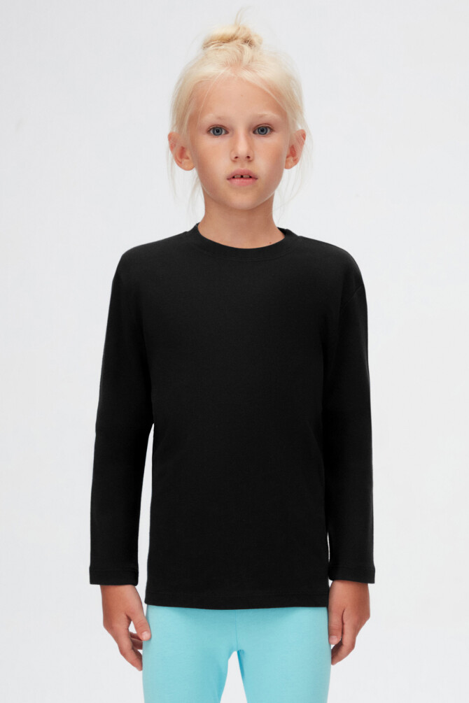 Siyah Basic Unisex Çocuk Kışlık Sıfır Yaka Uzun Kollu Tişört - 2