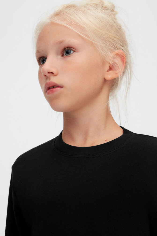 Siyah Basic Unisex Çocuk Kışlık Sıfır Yaka Uzun Kollu Tişört - 3