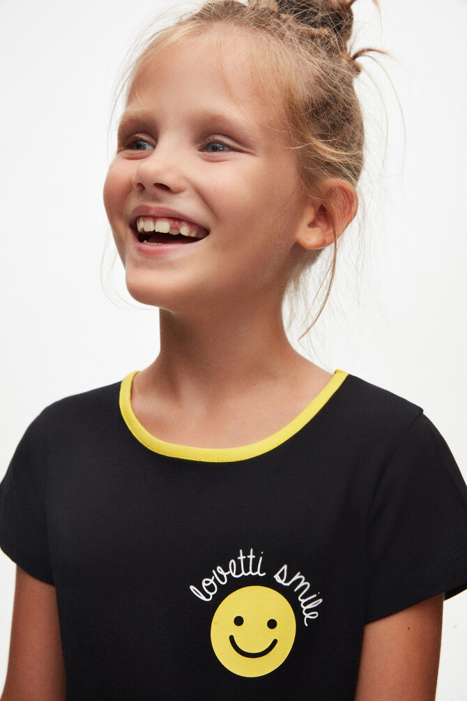 Siyah Gülen Yüz Kız Çocuk Desenli Lovetti Smile Baskılı Kısa Kol Elbise - 3