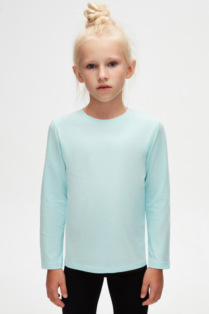 Uçuk Turkuaz Basic Unisex Çocuk Mevsimlik Sıfır Yaka Uzun Kollu Tişört - 2