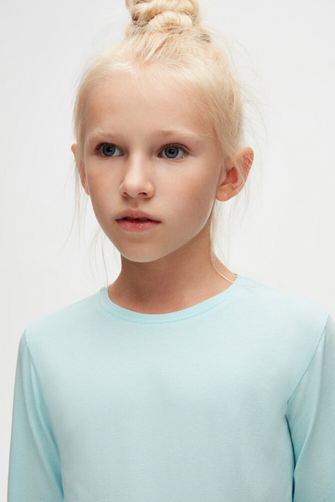 Uçuk Turkuaz Basic Unisex Çocuk Mevsimlik Sıfır Yaka Uzun Kollu Tişört - 3